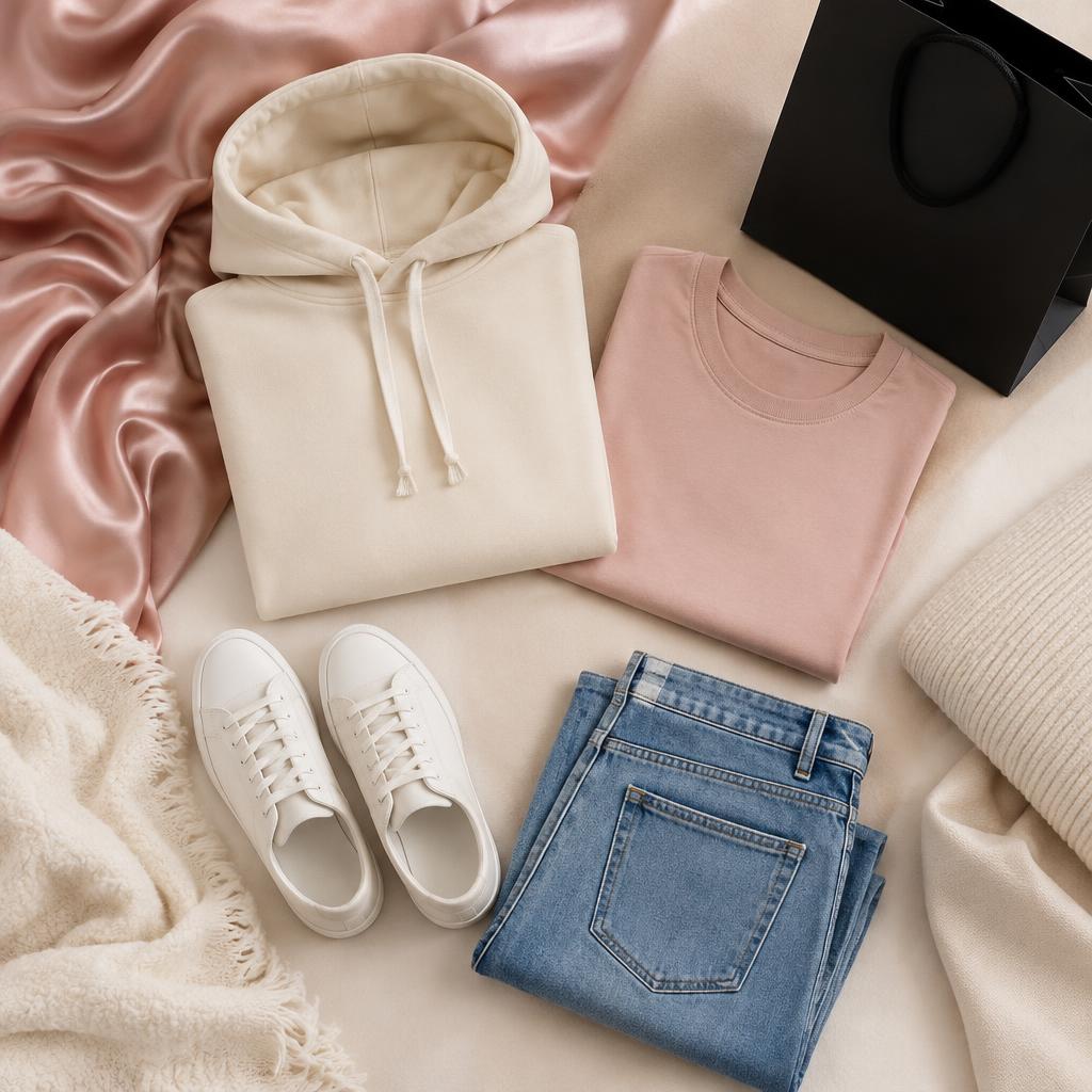 Folded hoodie, t-shirt, jeans and sneakers